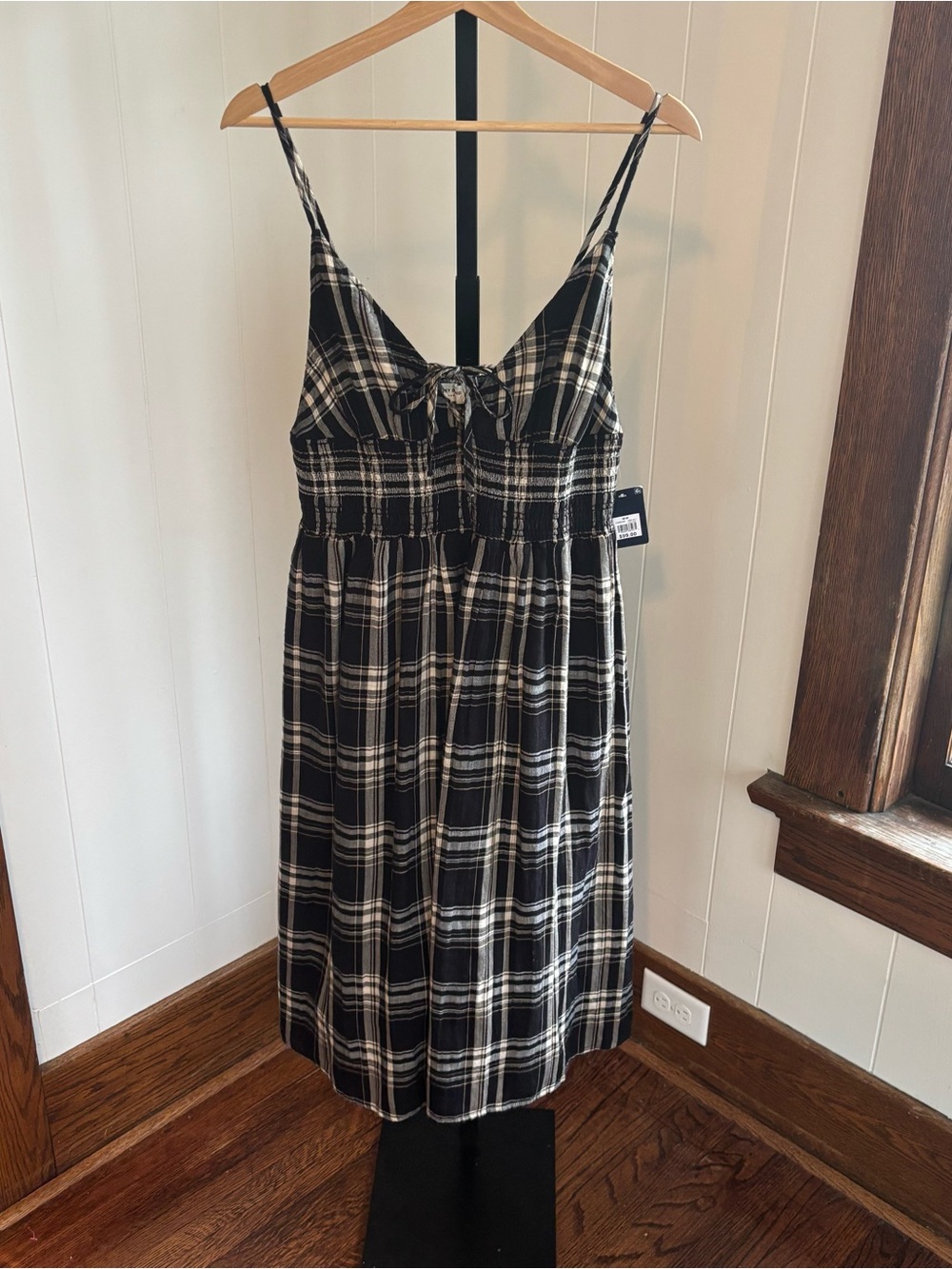 Lucky Brand Black Plaid Smocked Midi Dress Tie Front Womens M NWT Cotton Blend